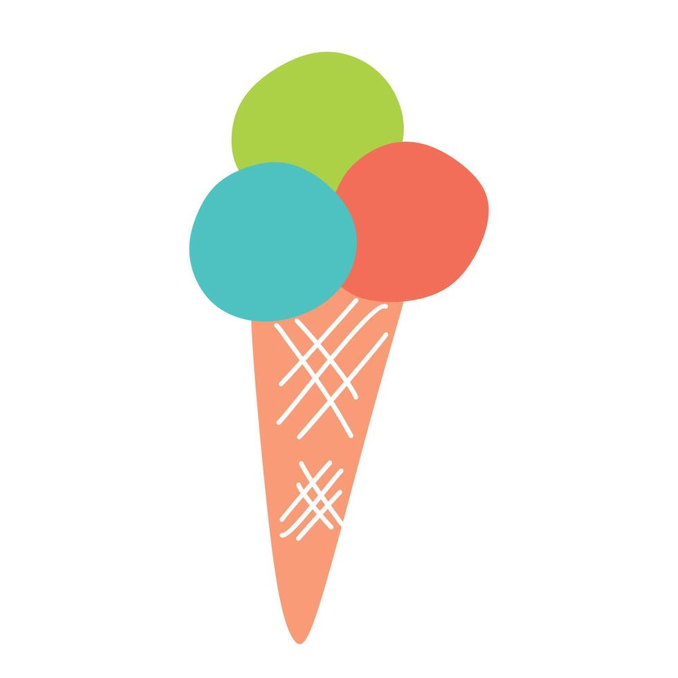 Melting Colorful Ice cream Balls in Waffle cone Isolated on white background. Flat or Cartoon Illustration of Summer Sweet Dessert for t-shirt design, Card, Sticker. Yummy Cold and Creamy vector