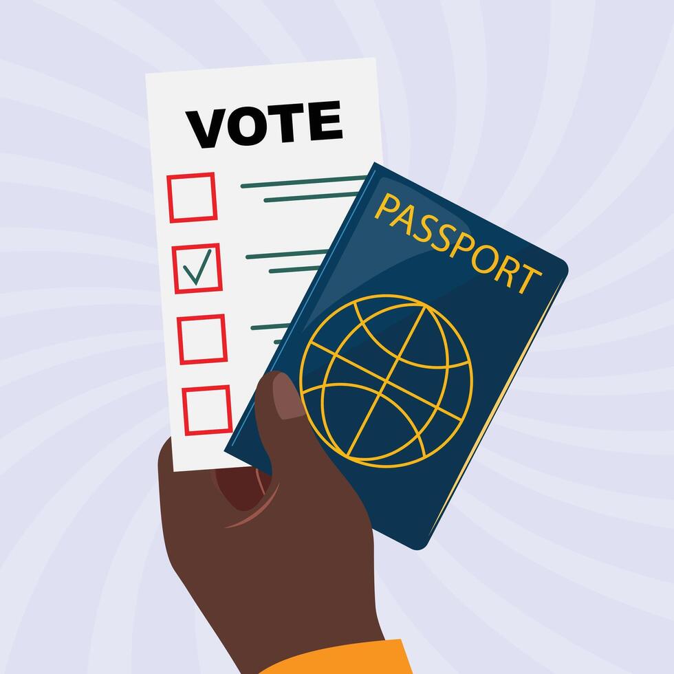 Passport and voting application in a black hand, election day theme, striped background vector