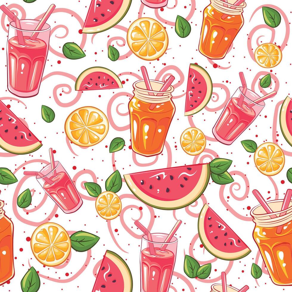Summer seamless pattern with lemonade glasses, juice and fruits. Repeat background with lemons, watermelon slices and jars vector