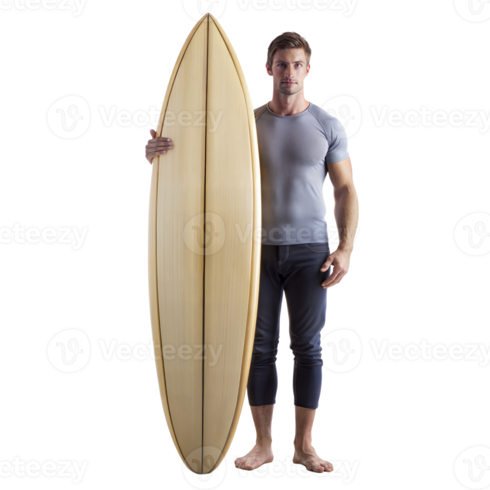 Man holding surfboard while posing in casual clothes png