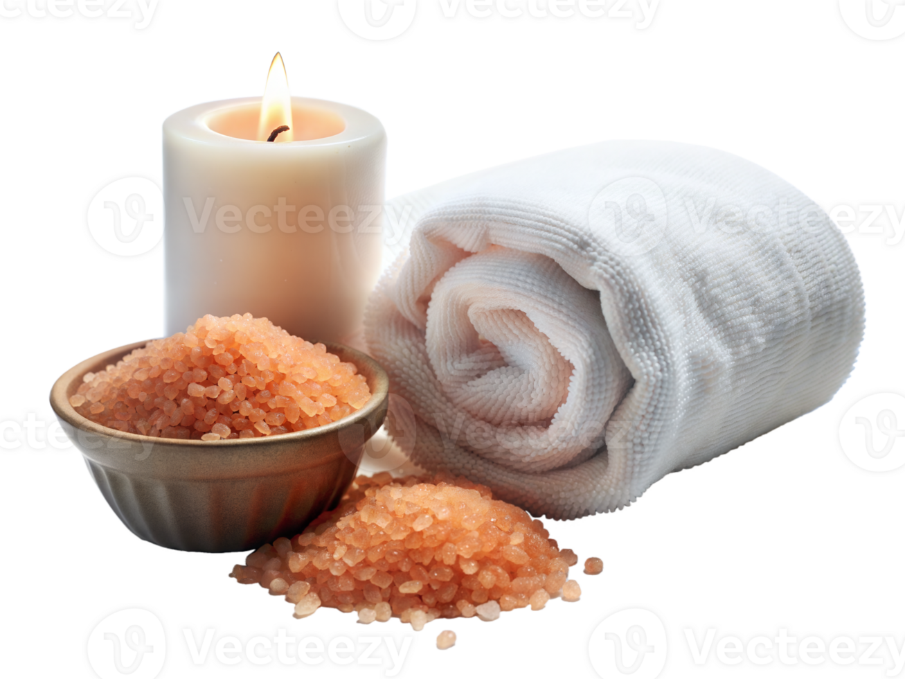 Spa essentials with candle, towel and Himalayan salt png