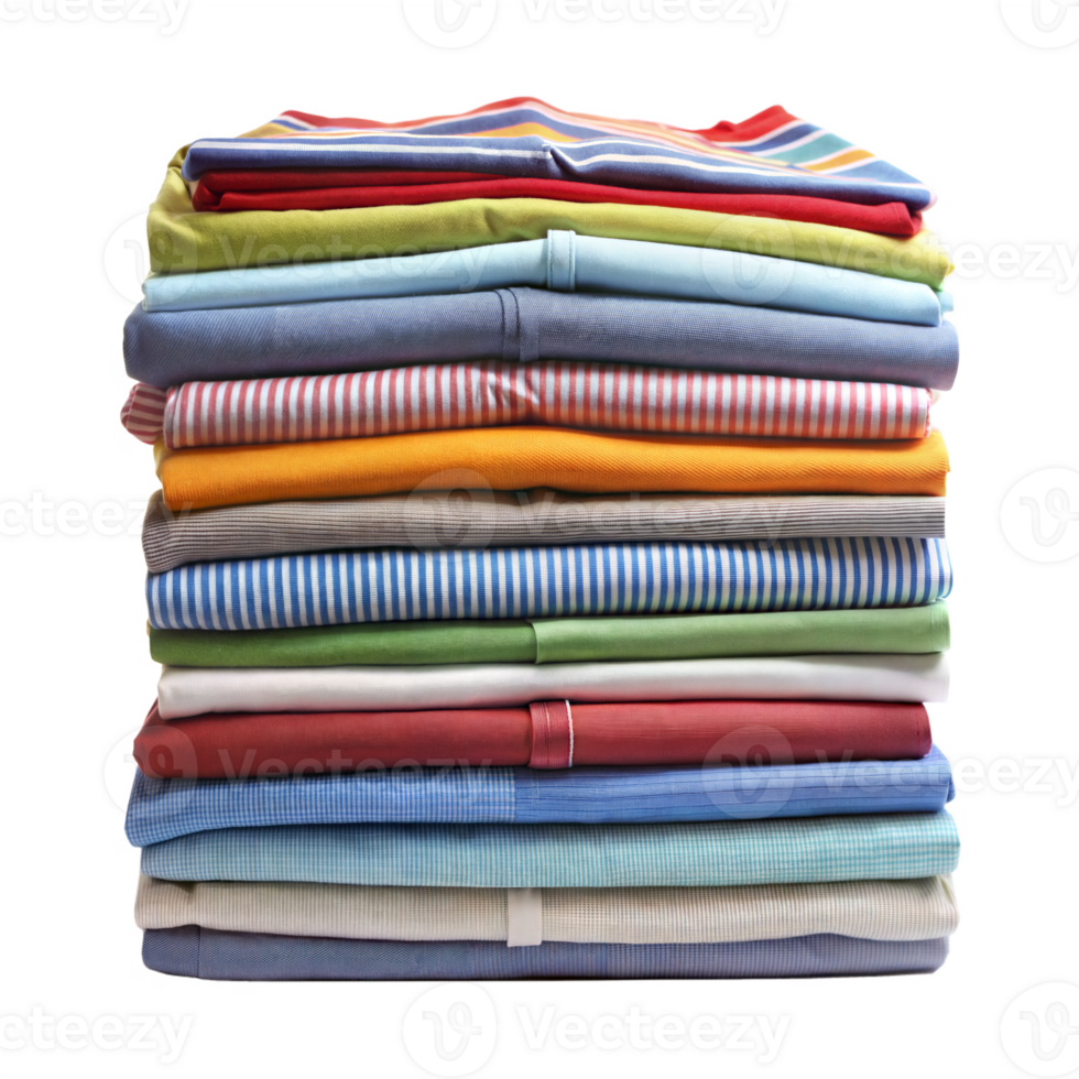 Stack of colorful folded clothes in various fabrics and patterns png