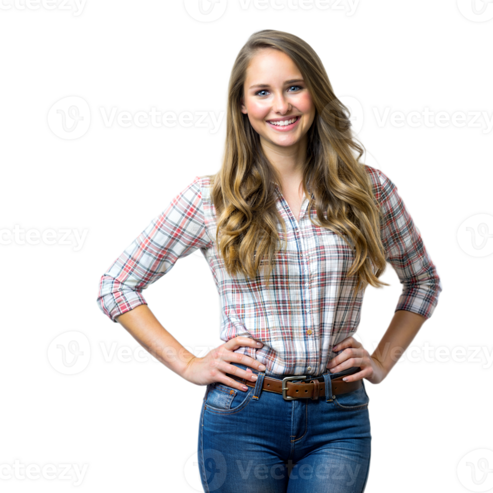 Smiling young woman in casual attire standing confidently png