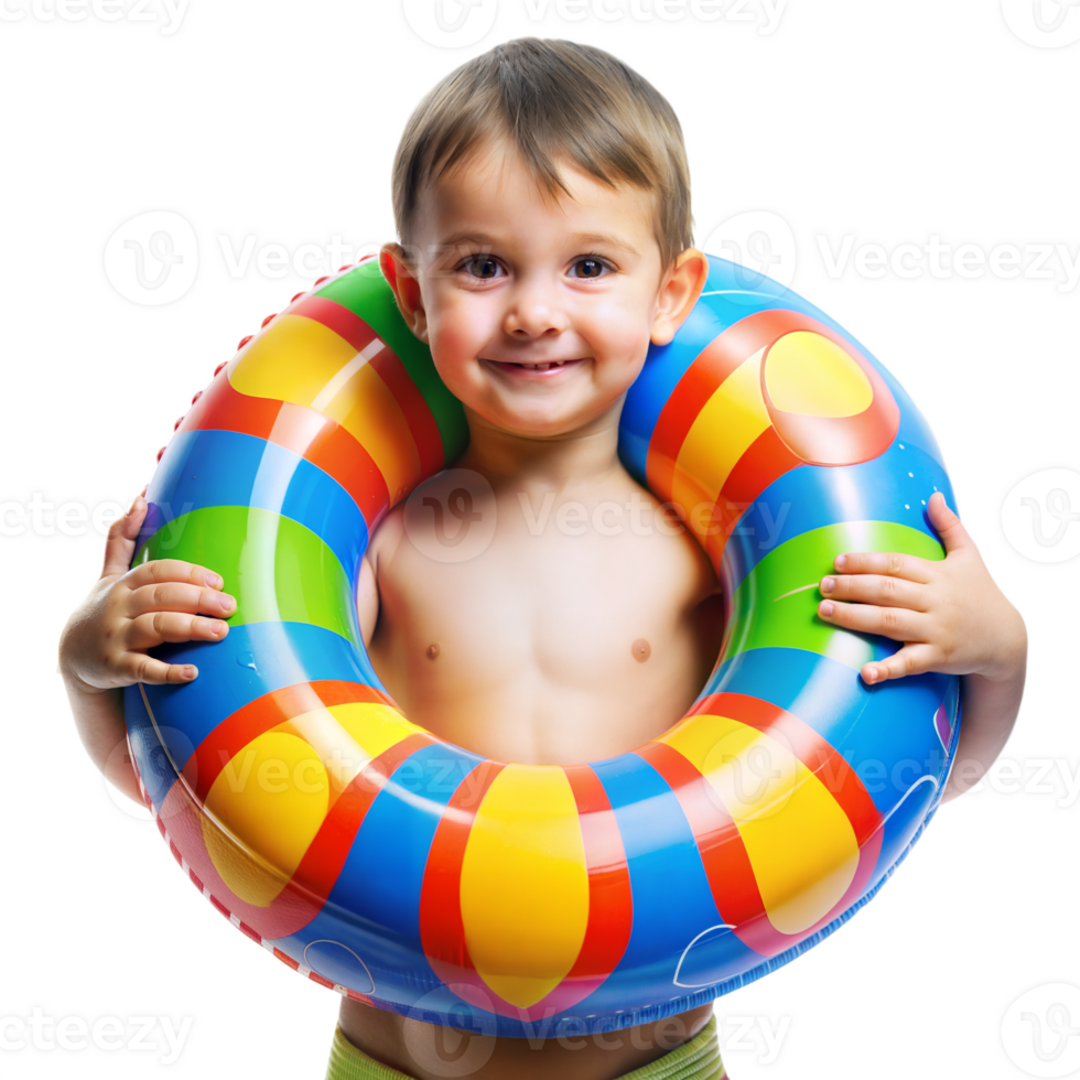 Smiling child with colorful swim ring on transparent background png
