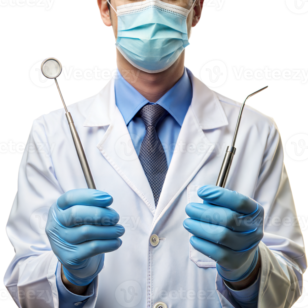 Dentist holding dental tools wearing gloves and mask png