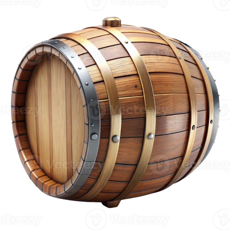 Wooden barrel with metal rings on transparent background png