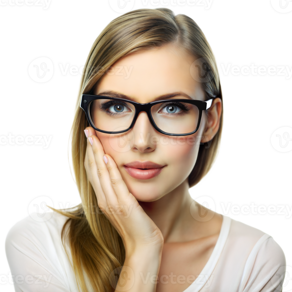 Confident woman wearing glasses with thoughtful expression on her face png