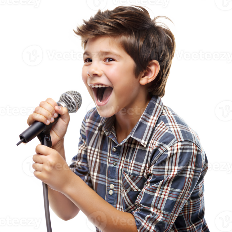 Happy boy singing into a microphone while smiling png