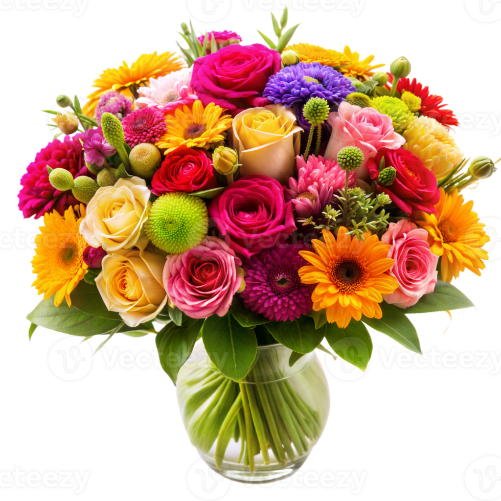 Beautiful bouquet of colorful flowers in glass vase png