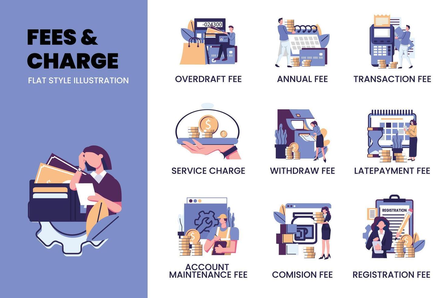 charge and fee related set flat style illustration design vector