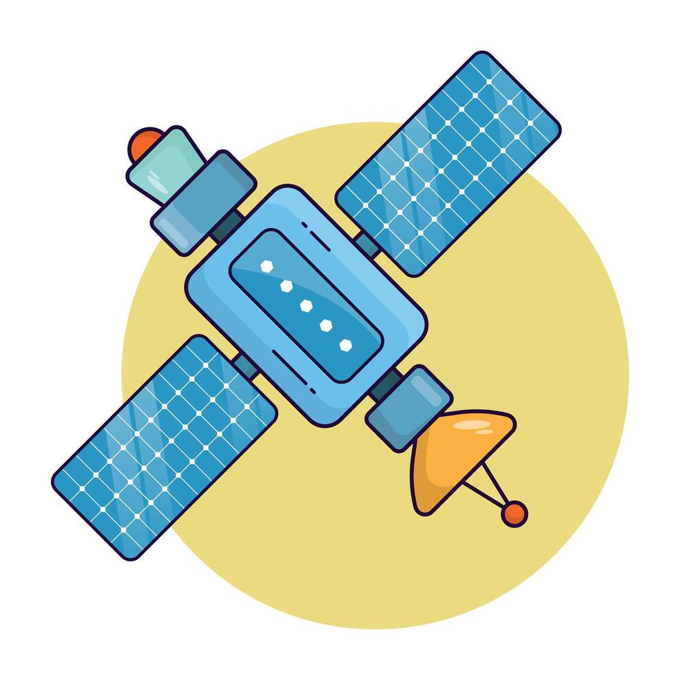 Flat cartoon satellite illustration on isolated background with outline stroke vector