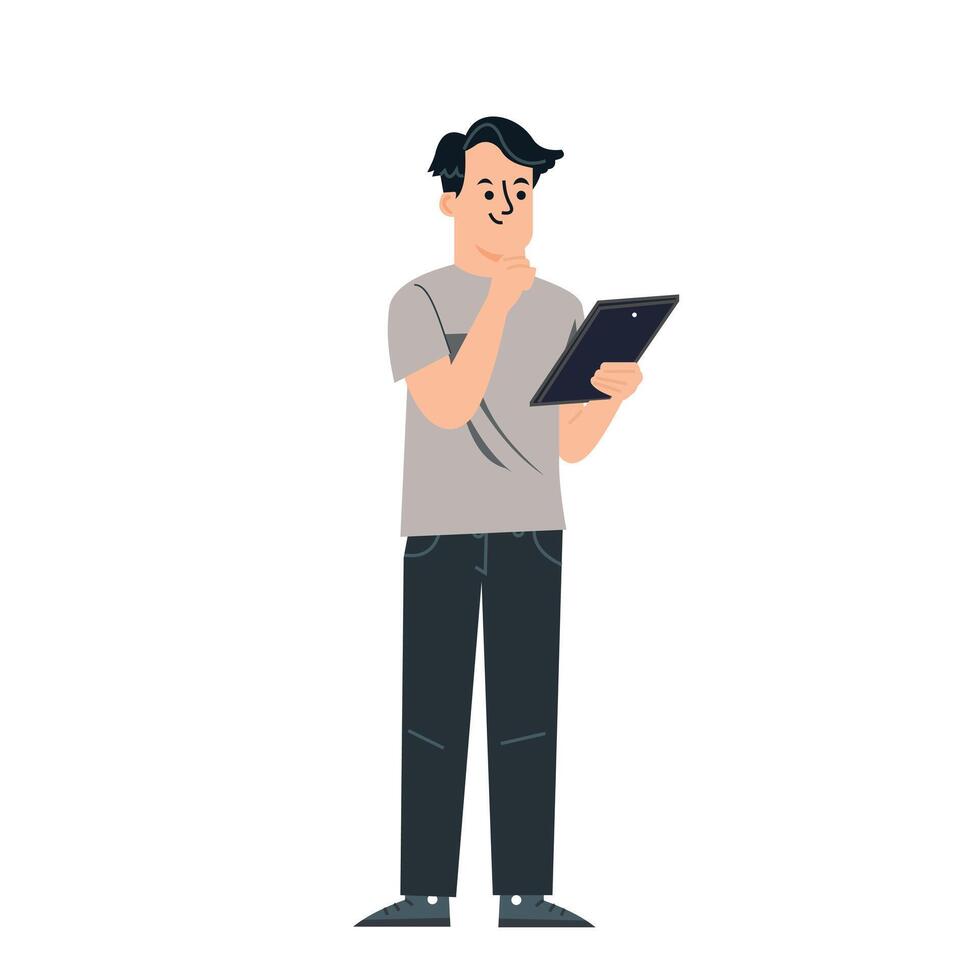 illustration of a young boy character who is observing his own gadget with his hand supporting his chin vector