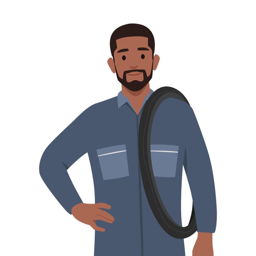 Young man smiling happily with a hand on hip and confident. Mechanic concept. vector