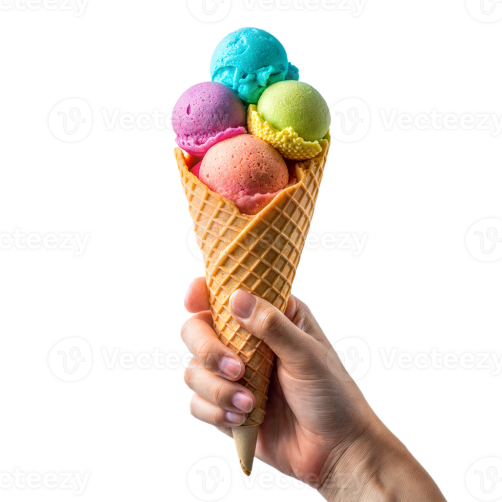 Hand holding colorful ice cream cone with multiple scoops png
