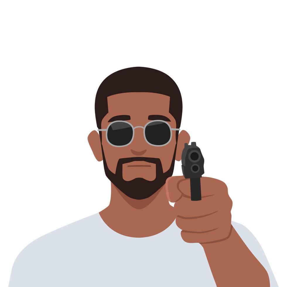 Young man with a gun. Pointing a gun wearing sunglasses. vector