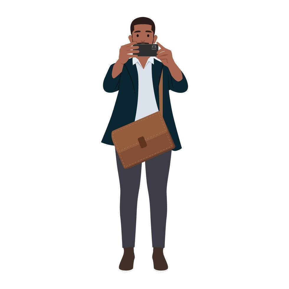 Young businessman wearing blazer using a smart phone. Taking picture with his smartphone. vector