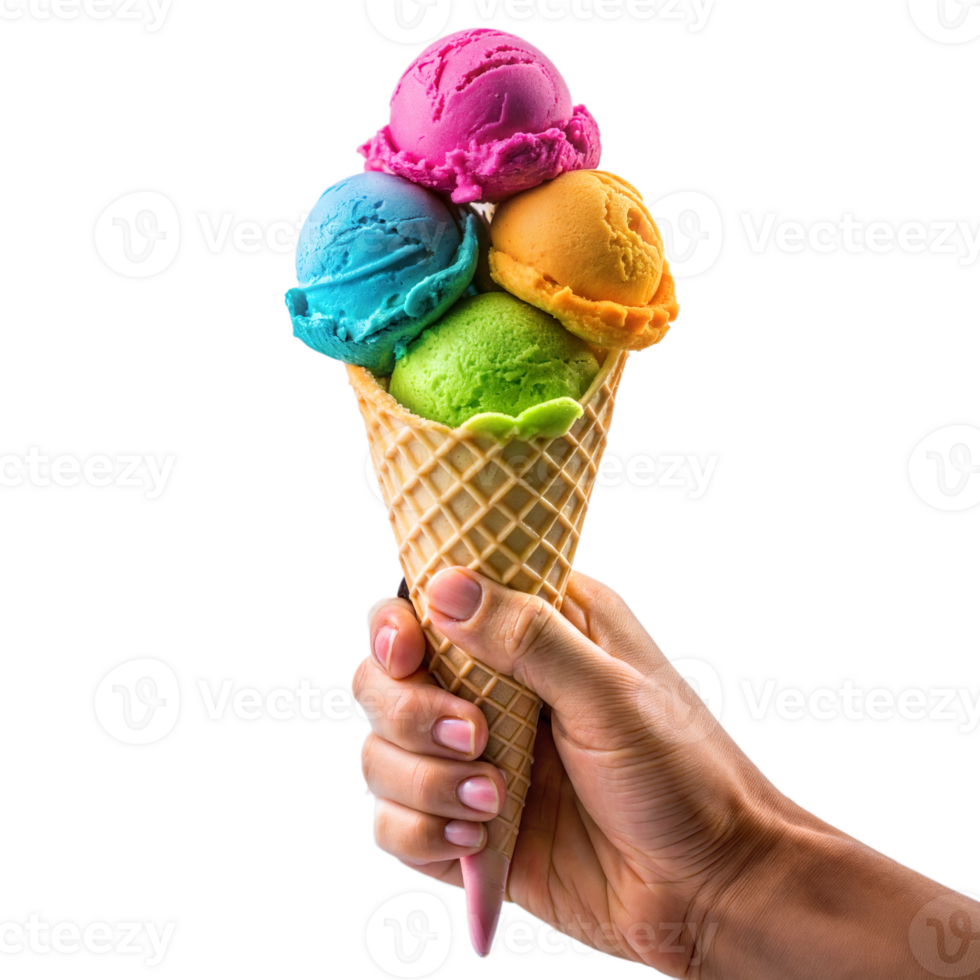 Hand holding colorful ice cream cone on a transparent background png