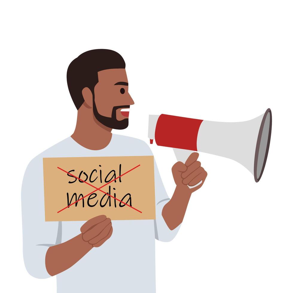 Man holding megaphone and say or shout speech and holding no social media sign campaign. vector