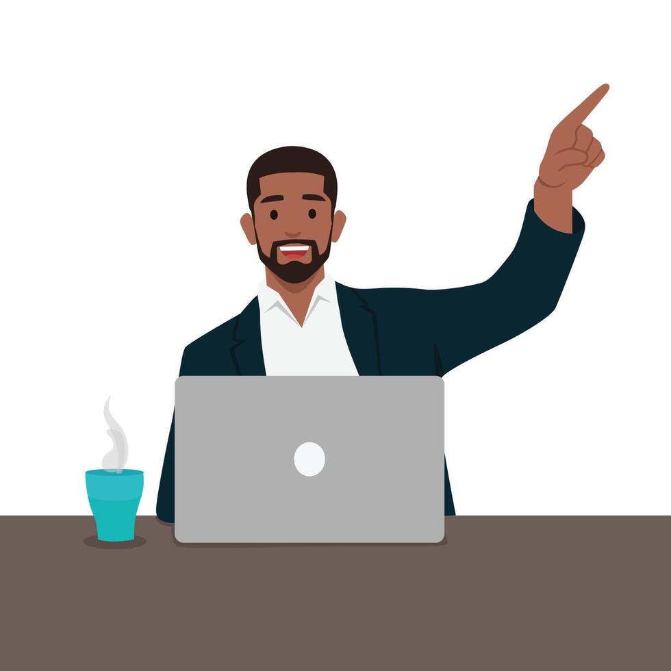 Young businessman pointing and looking upwards in awe with amazed vector