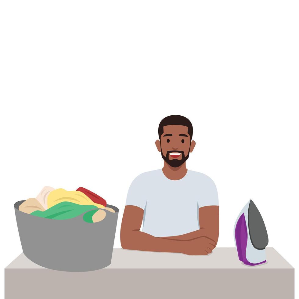 Young man looking happy and pleasantly surprised iron and clothes. vector