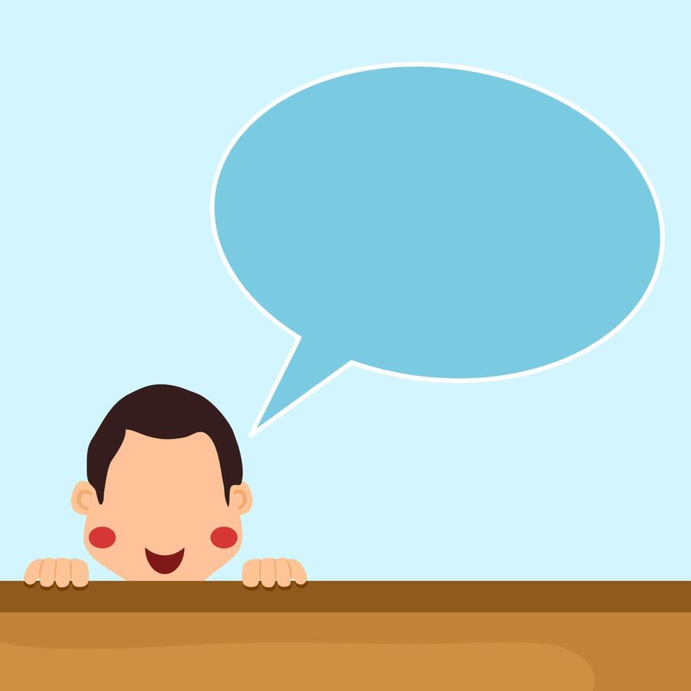 a cartoon image of a boy peeking out with blue text bubble vector