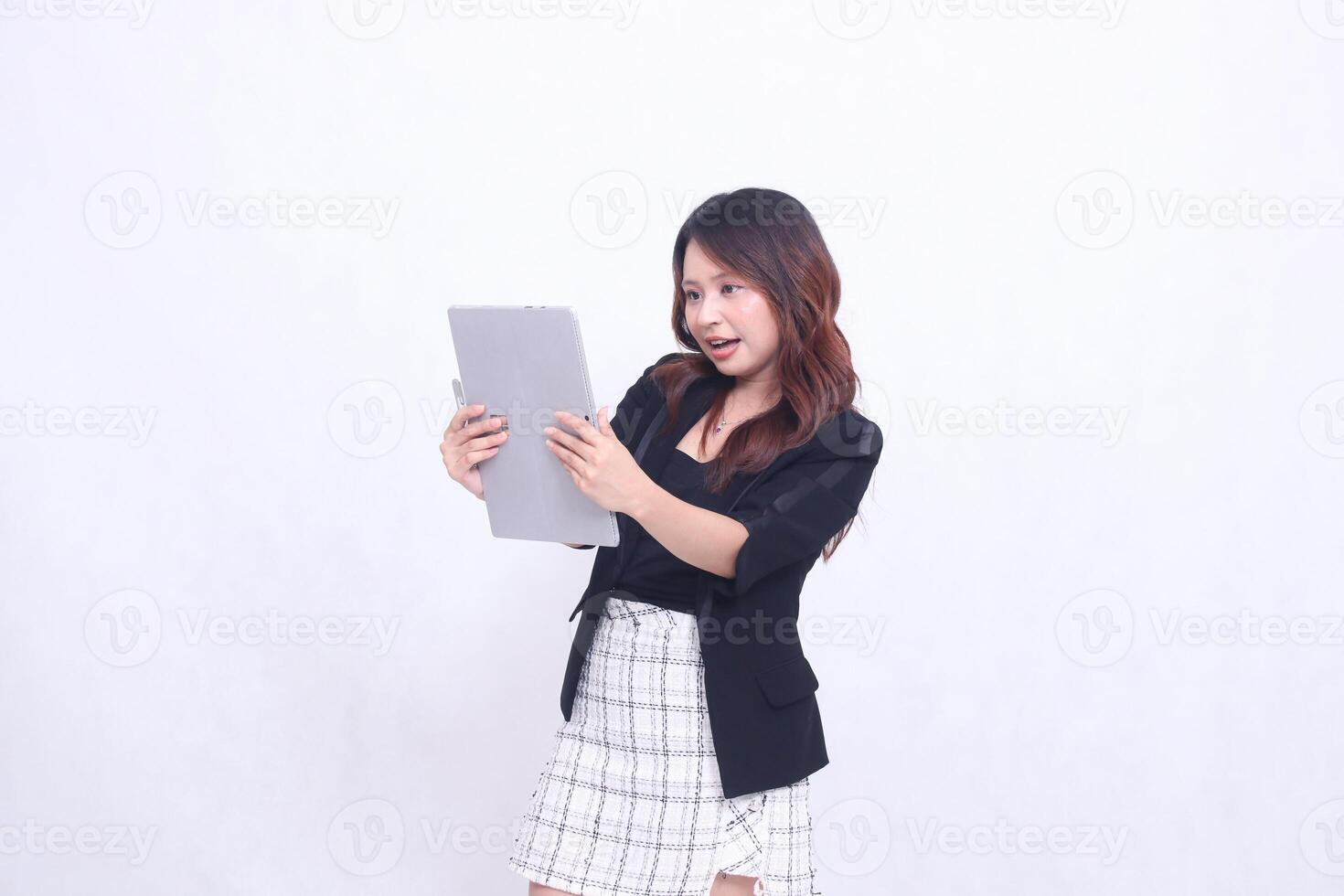 young beautiful woman customer 20s formal office smile surprised hold pen tablet middle isolated white background photo