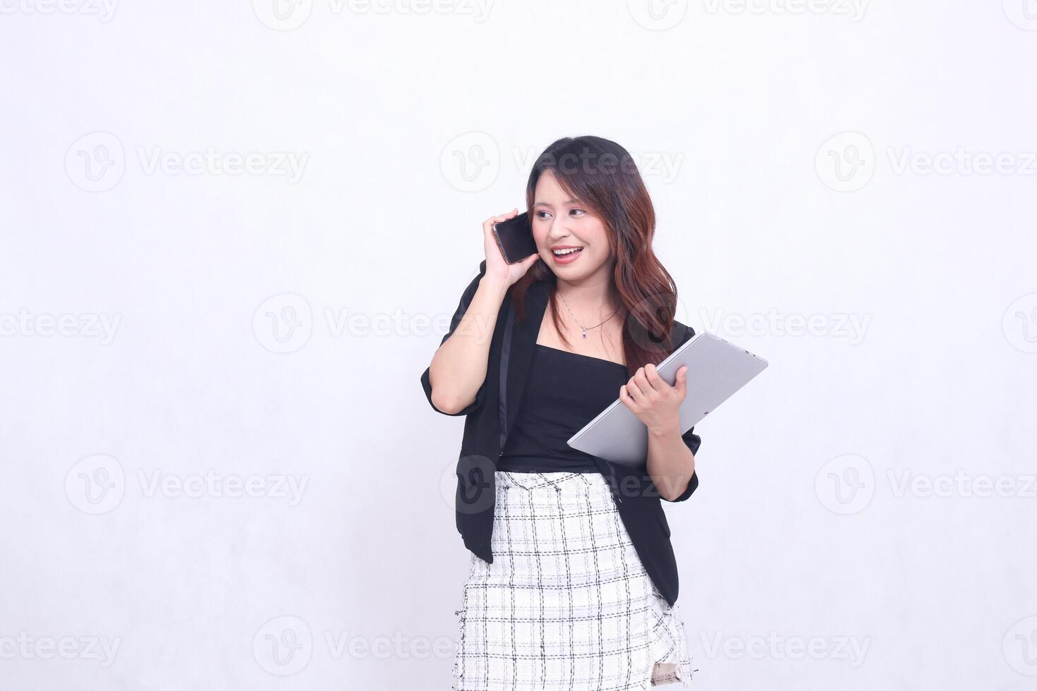 beautiful southeast asian woman 20s formal office cheerful smile is calling her friend and carrying tablet for promo isolated white background photo