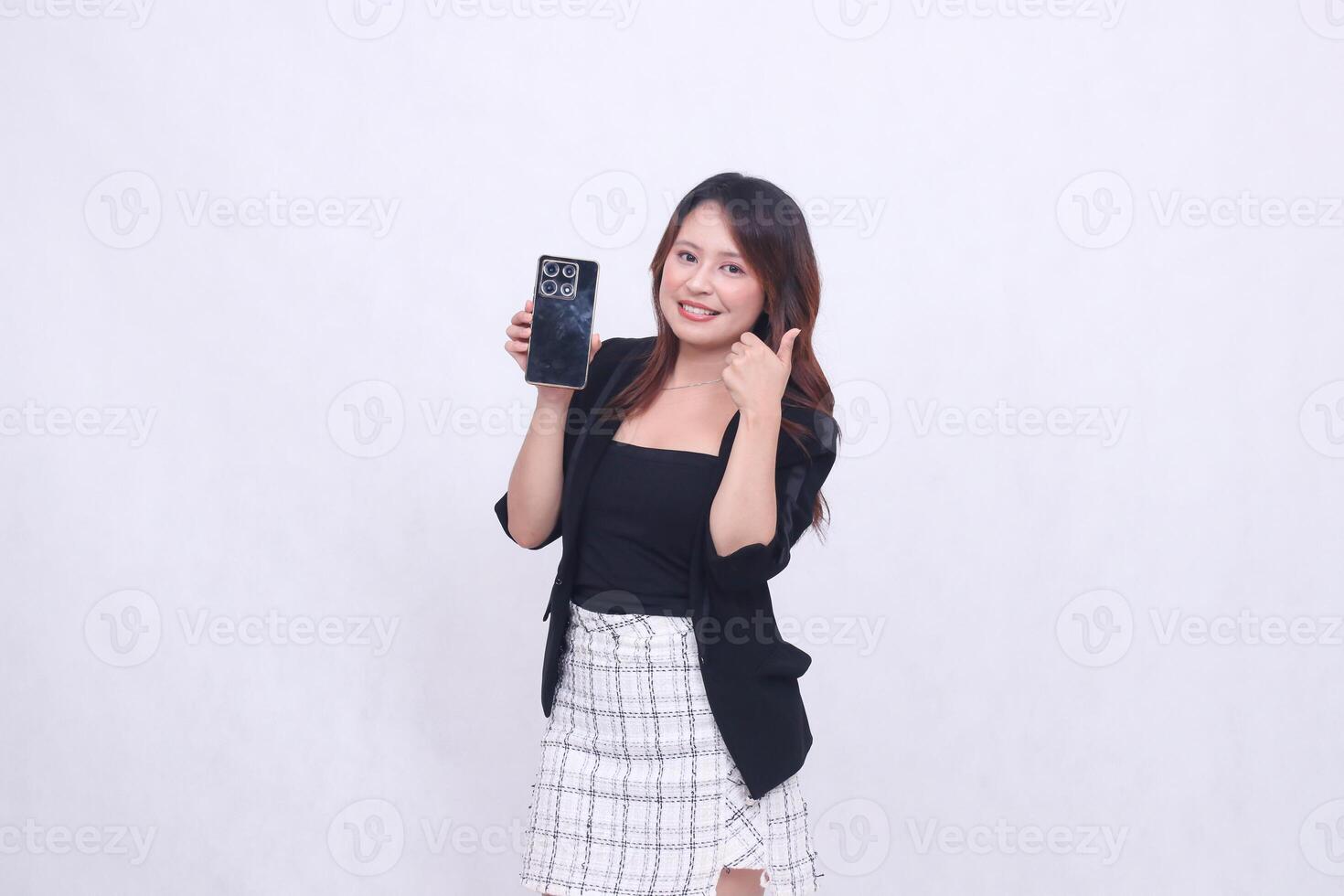 charm beautiful asian office woman 20s cheerful expression carrying cellphone gadget facing back while hand cool thumbs up sign tilted isolated white background photo