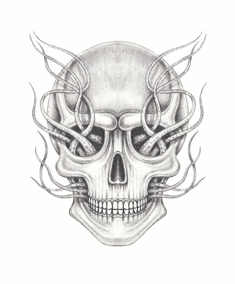 Skull tattoo surreal art design by hand drawing on paper. vector