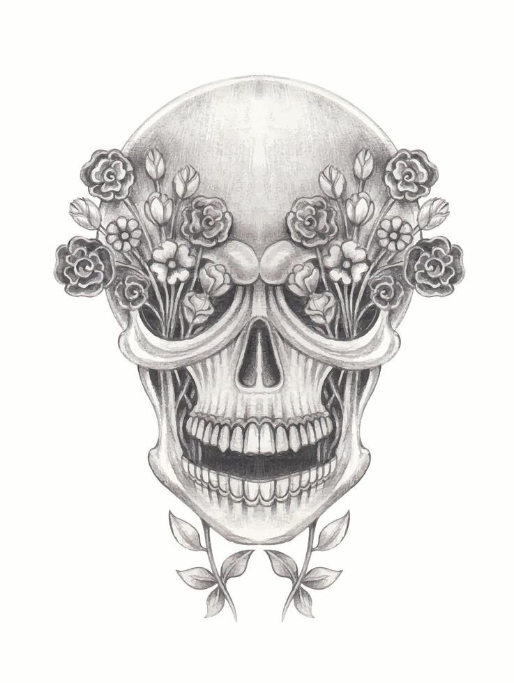 Fancy surreal skull tattoo design by hand drawing on paper. vector