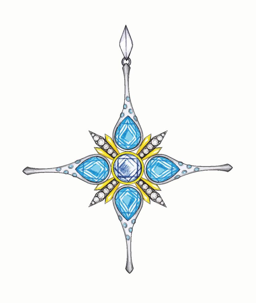 Cross jewelry design pendant sketch by hand drawing on paper. vector