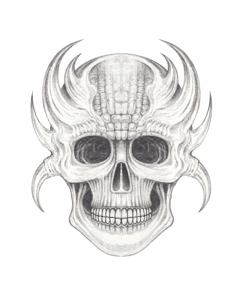 Demon skull tattoo design by hand drawing on paper. vector