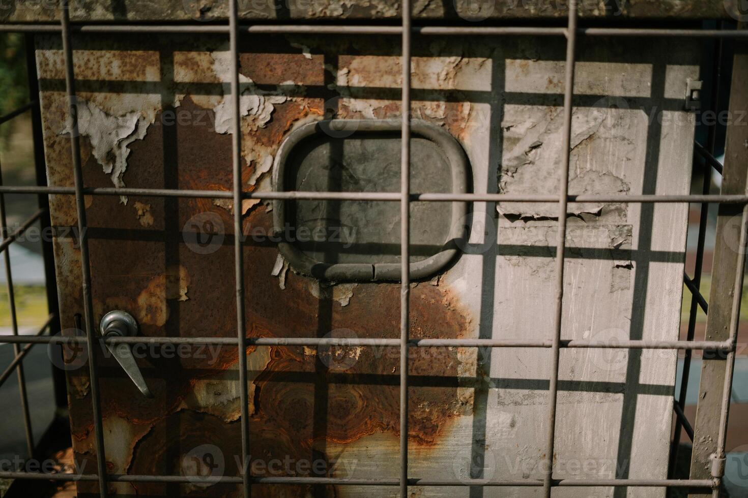 A network server in a public space, securely enclosed in a metal cage, highlighting technology and security measures photo