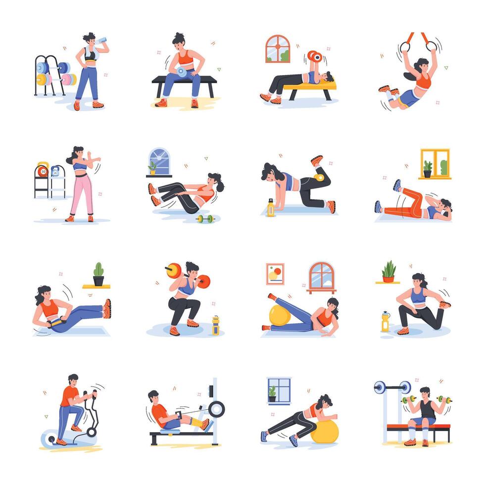 Flat Style Workout Mini Illustrations vector