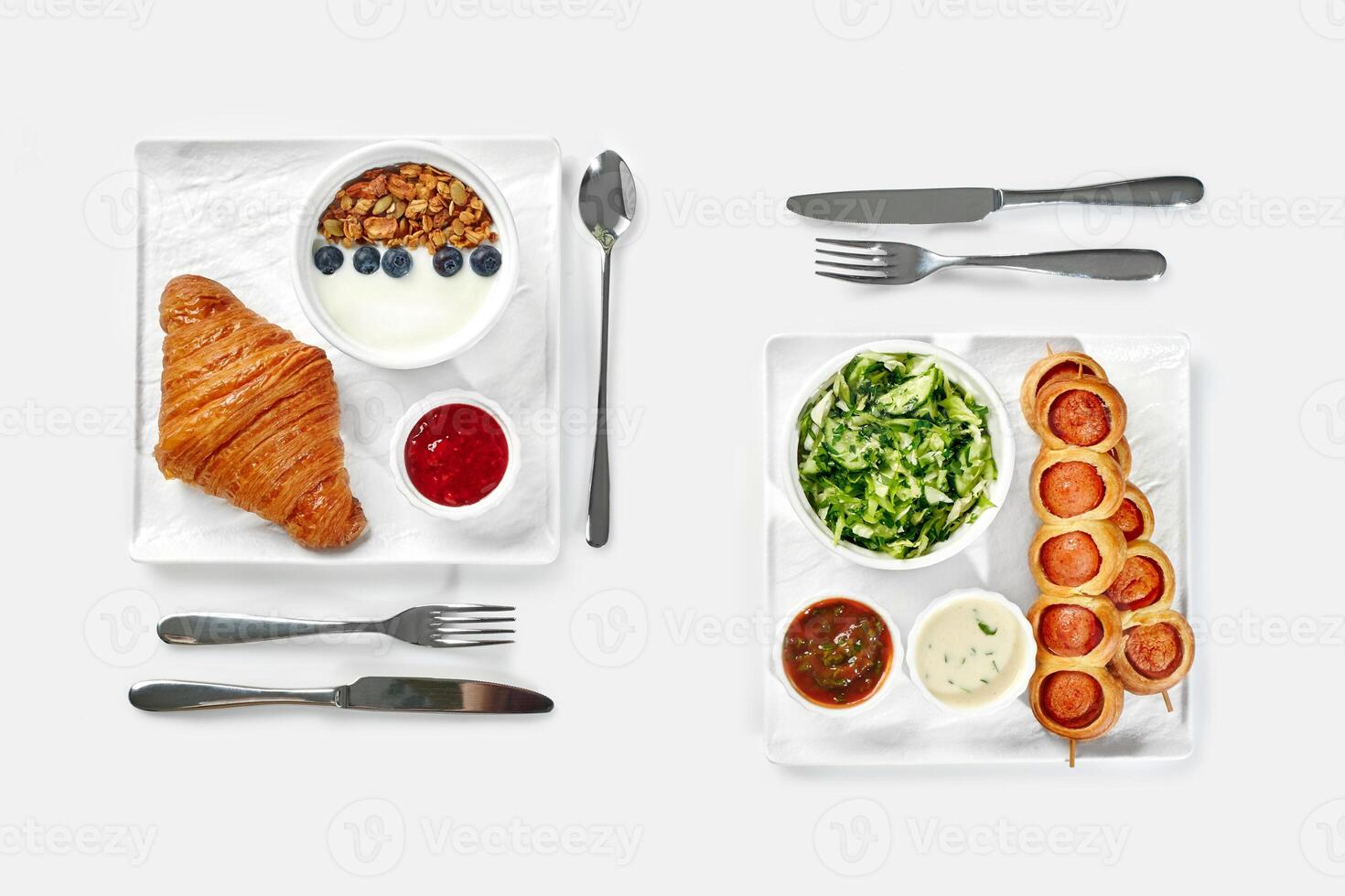 Varied breakfast assortment with sweet pastry and savory snacks photo