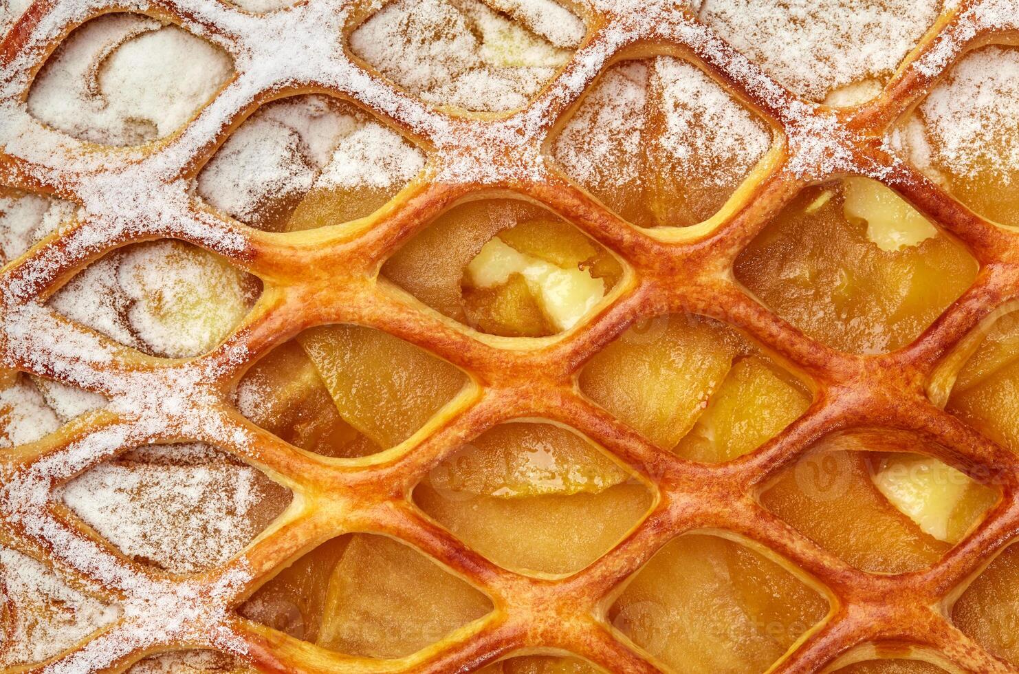 Close-up of golden lattice apple pie with custard and powdered sugar photo