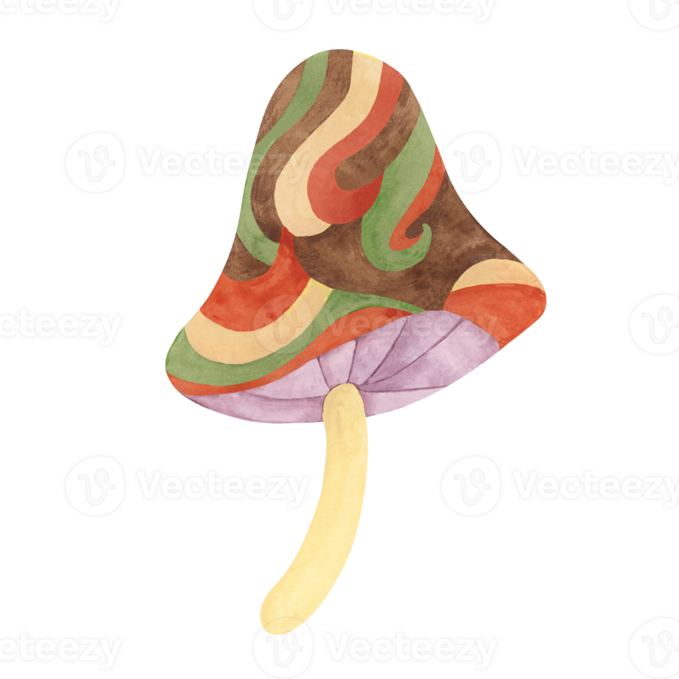 Hippie psychedelic magic mushroom in 70s style. Vintage groovy toadstool nostalgic clipart. Watercolor fairytale fungus funky illustration for printing, trippy stickers, flyers, indie t-shirts, labels png