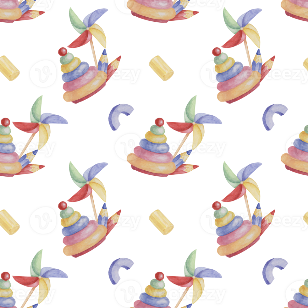 Stacking rings tower, pinwheel and crayons. Colored pencils and toys watercolor. Baby seamless pattern. Textile print for kids clothes, children's nursery wallpaper, wrapping paper, scrapbooking png