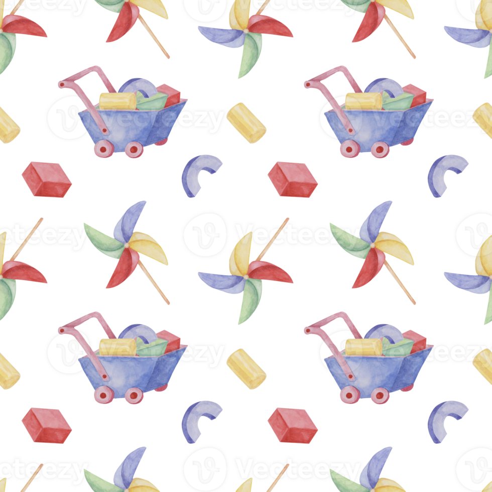 Toy wheelbarrow, pinwheel paper fan and blocks. Retro cart and origami. Simple Baby seamless pattern. Textile print for kids clothes, children's nursery wallpaper, wrapping paper, scrapbooking png