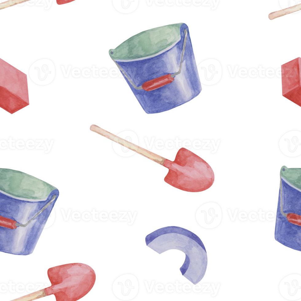 Bucket and shovel toys baby seamless pattern. Beach sand play objects. Watercolor Textile print with gardening tools for kids clothes, children's nursery wallpaper, wrapping paper, scrapbooking png