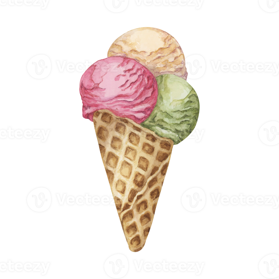 Vanilla, berry and pistachio or matcha ice cream scoops in waffle cone. Three flavors clipart . Dessert realistic watercolor illustration of cold treats for labels, menu, culinary design, summer fair png