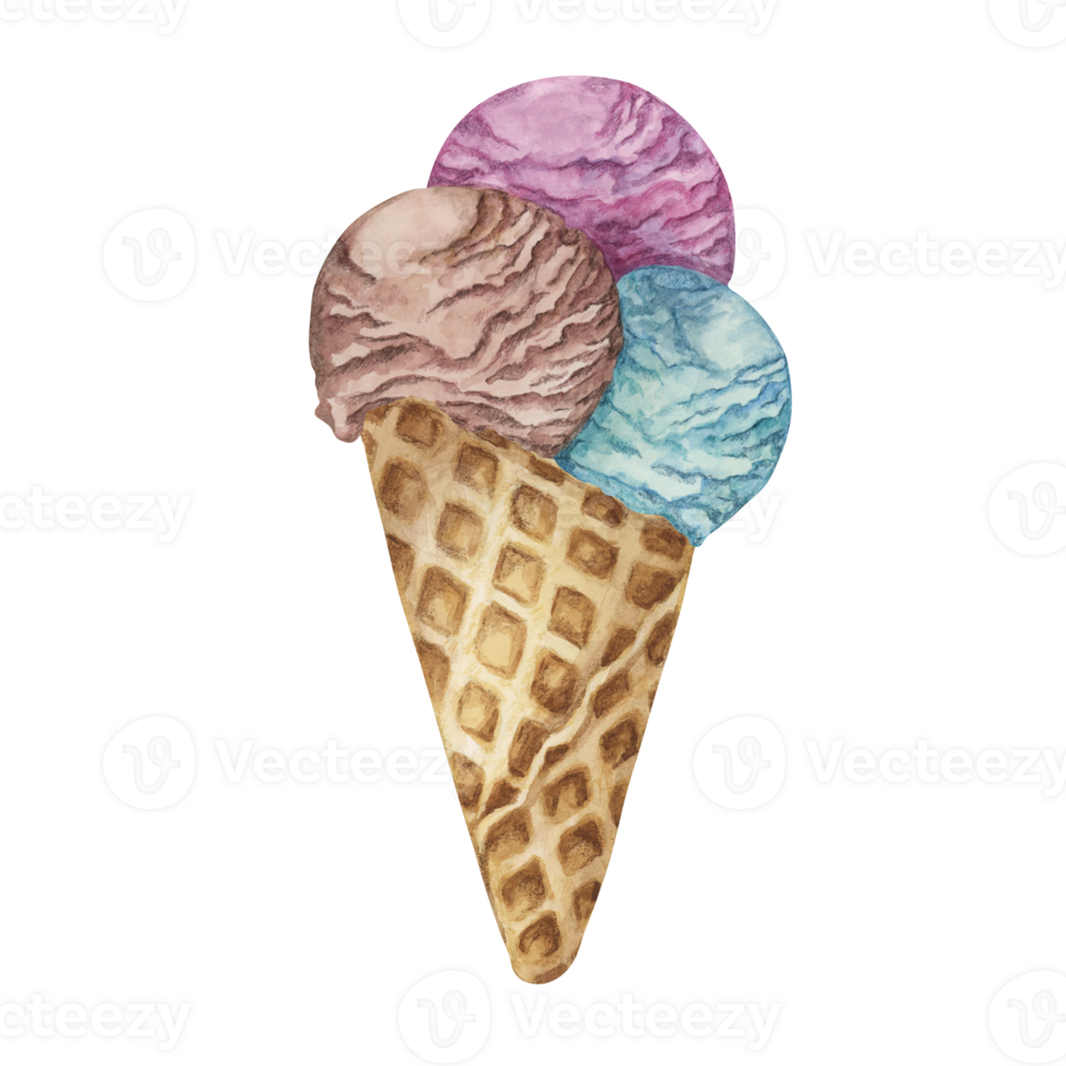 Coffee, chocolate, berry and bubblegum or cotton candy cream scoops in waffle cone clipart . Dessert realistic watercolor illustration of cold treats for labels, menu, culinary design, summer fair png