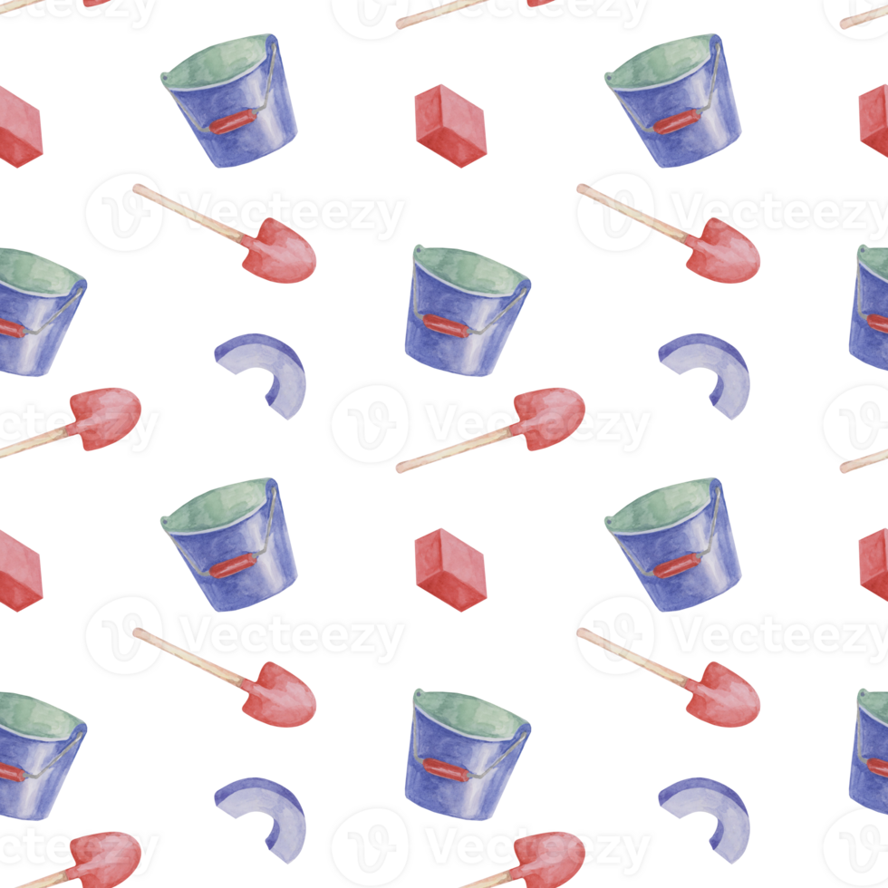 Bucket and shovel toys baby seamless pattern. Beach sand play objects. Watercolor Textile print with gardening tools for kids clothes, children's nursery wallpaper, wrapping paper, scrapbooking png