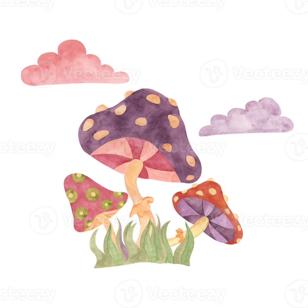 Retro hippie clouds and fly agaric mushrooms 70s style. Hippie psychedelic groovy fungus clipart. Watercolor indie illustration for flower power sticker, nostalgic design, printing, quote, t-shirt png