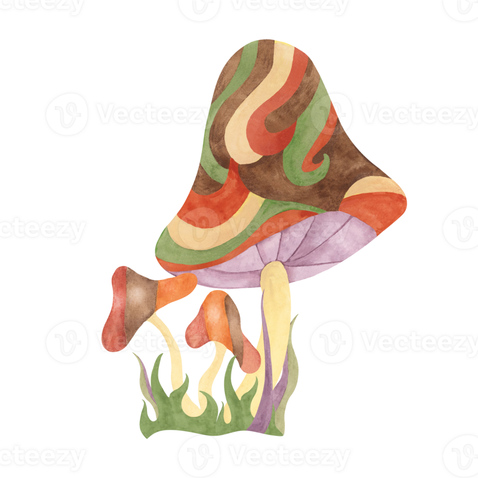 Retro hippie mushroom and grass in 70s style. Hippie psychedelic groovy fungus clipart. Watercolor indie illustration for flower power sticker, nostalgic design, printing, quote, t-shirt cartoon style png
