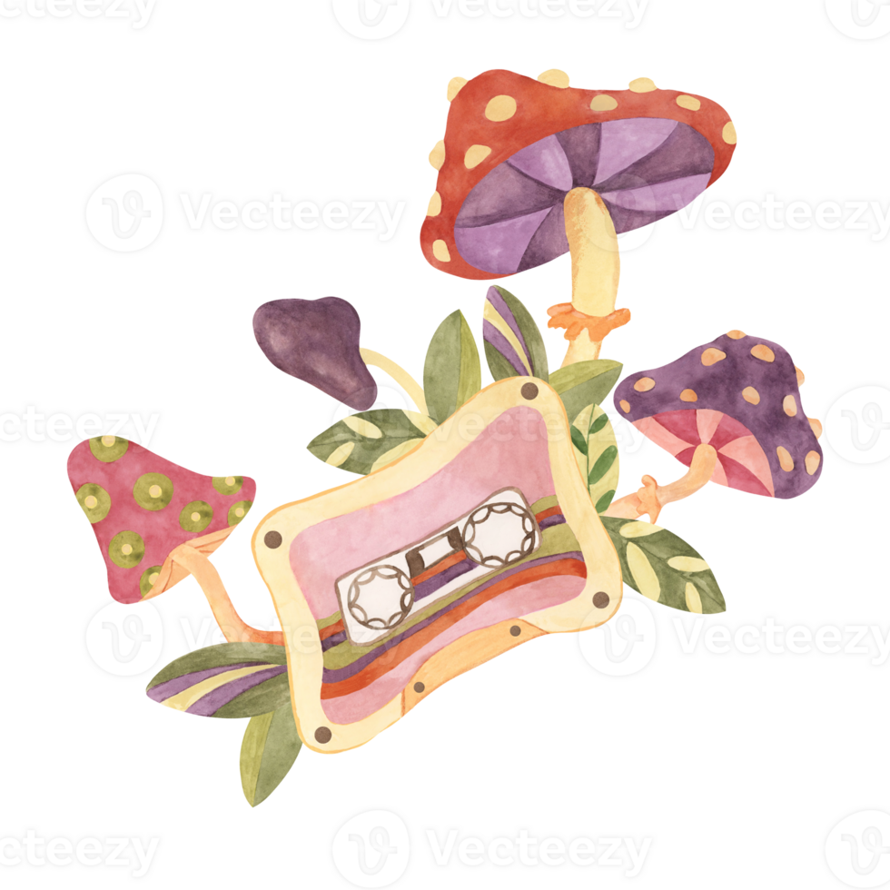 Retro hippie trippy audiotape and mushroom 70s style. Hippie vibes music cassette and groovy fungus nostalgic clipart. Watercolor compositions for flower power sticker, postcard, flyer, quote, t-shirt png