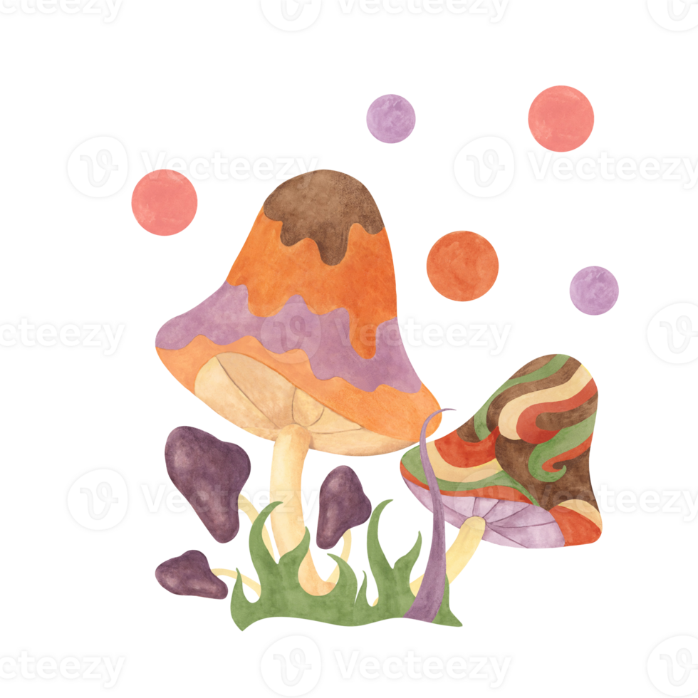 Retro hippie mushroom and grass in 70s style. Hippie psychedelic groovy fungus clipart. Watercolor indie illustration for flower power sticker, nostalgic design, printing, quote, t-shirt cartoon style png