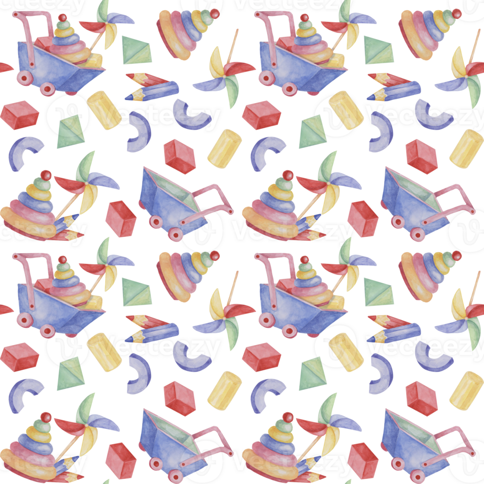 Baby seamless pattern with wheelbarrow, pencils, stacking rings, pinwheel in watercolor. Retro toy ornament Hand drawn textile print for kids, children's wallpaper, wrapping, presents, scrapbooking png