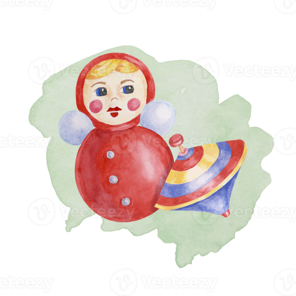 Humming top toy and roly-poly. Red tumbler doll and retro whirligig play objects clipart. Playthings watercolor illustration for kids party, sticker, postcard, invitation, baby shower, nursery decor png