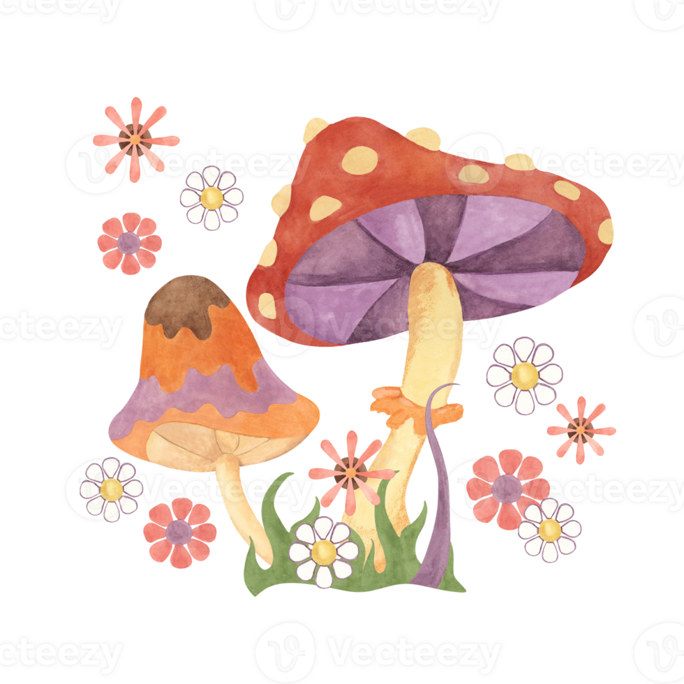 Retro hippie flowers, grass and fly agaric mushrooms 70s style. Hippie psychedelic groovy fungus clipart. Watercolor illustration for flower power sticker, nostalgic design, printing, quote, t-shirt png